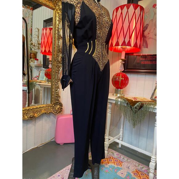 vintage 1980s IIF leopard jumpsuit sheer sleeves corset 80s glam s 26 statement - Picture 4 of 8